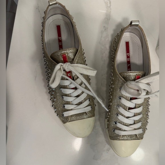 Prada Studded Gold Glitter Tennis Shoes - Size 38 - Picture 4 of 4